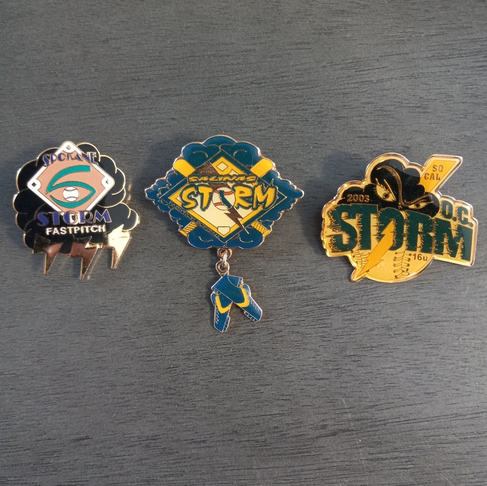 Vntg 3 Storm Softball Collector Pin Lot. Preowned but great condition.  No broke